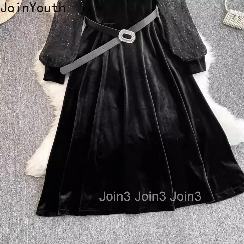 Vintage Dresses Autumn Women Clothing Patchwork Gauze Velvet Robe Femme 2025 Vestidos De Mujer V-neck Black Temperament Dress