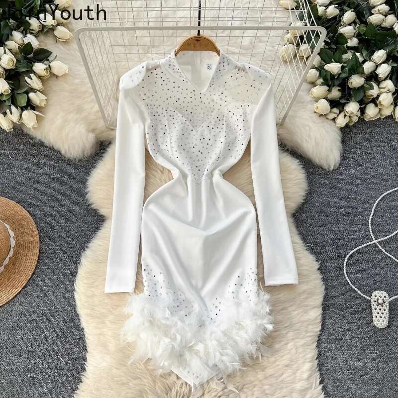 Temperament Sexy Robe Femme Half High Collar Tunic Dresses for Women 2025 Vestidos De Mujer Feather Diamond Bodycon Mini Dress