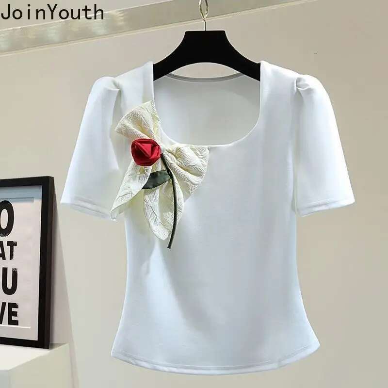 White Woman T Shirts Square Collar Puff Sleeve Tunic Tees Fashion Korean Camisetas 2025 Ropa Mujer Bow Sweet Summer T-shirt Tops