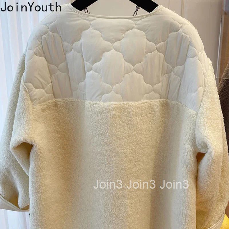 Fashion Jackets Winter Clothes Women O-neck Patchwork Lamb Wool Outwear Oversized Tops Casual Thicked Y2k Coats 2025 Ropa Mujer