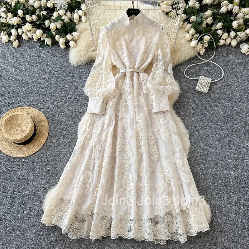 2025 Vestidos De Mujer Maxi Dresses Women Lantern Sleeve Stand Neck Temperament Robe Femme Lace Gauze Embroidery Elegant Dress