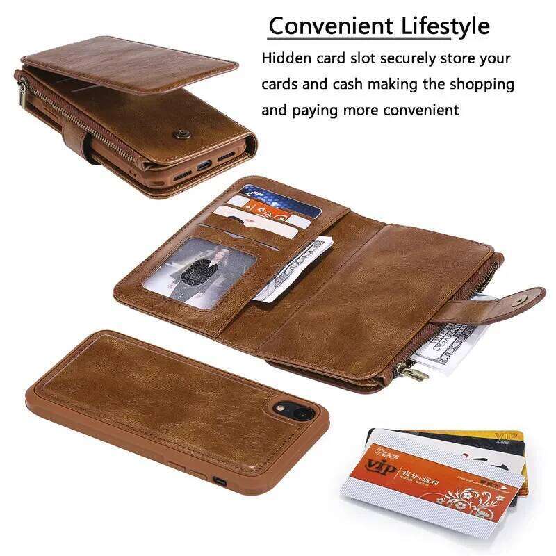 Detachable Magnetic Flip Leather Case for iPhone X XS XR 11 12 13 14 15 16 Pro Max 16E SE 2022 8 7 Plus Zipper Wallet Card Cover
