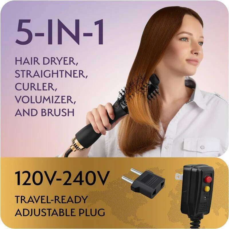 Professional Dual Voltage Blowout Hair Brush For European Travel 110V-120V/220V-240V, Black Gold Dryer And Volumizer