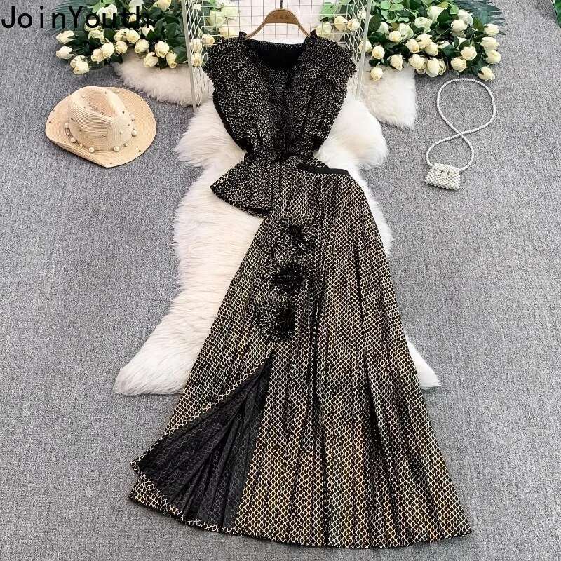 Summer Women Clothing Floral Piece Sets V-neck Sleeveless Slim Wais Tops High Waist Split Skirt Outfits Vintage Elegant Suit