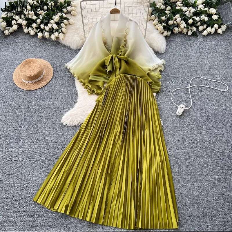 Skirt Suit Two Piece Sets Womens Outfits Roupas Femme Bandage Gradient Ruffles Tops High Waist Pleated Long Skirts Elegant Set