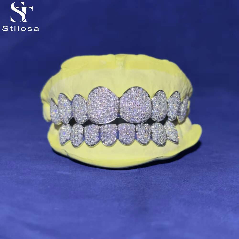 Fashion Jewelry 925 Silver Plated Gold 10 Top 10 Bottom Custom Grillz Vvs Moissanite Teeth Grillz Diamond Grillz
