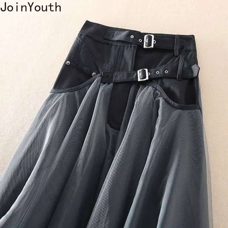 Y2k Skirts Women Clothing Patchwork Gauze A-line Saia High Waist Fashion Jupe Contrast Color Casual Skirt Faldas Mujer De Moda
