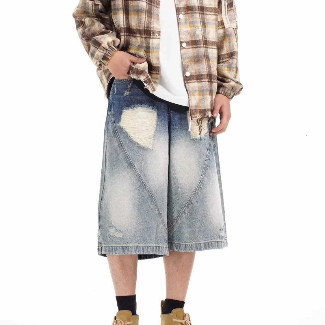 DM Mens Ripped Denim Shorts Vintage Knee Length Jean Shorts Streetwear Korean Oversize Cowboy Short Pants 250618