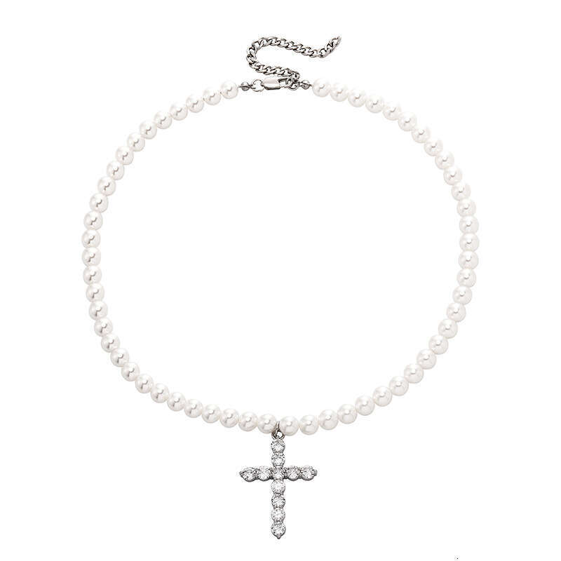 Jin Ao 8-10MM Versatile Pearl Necklace Niche Design Cross Pendant Accessory
