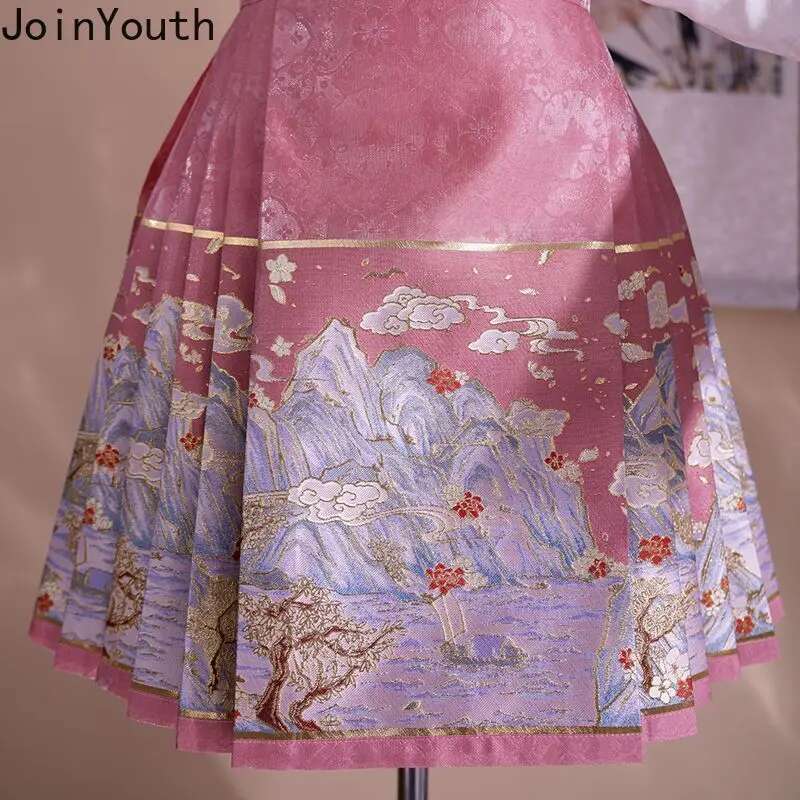 2025 Faldas Mujer De Moda Vintage Skirts Women Chinese Style High Waist Tunic Jupe Embroidery Summer Saia Pleated Floral Skirt