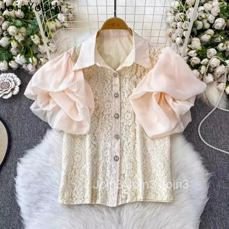 2025 Blusas Mujer De Moda Summer Blouses Womens Clothing Puff Sleeve Lace Hollow Out Shirts Slim Waist Vintage Blouse Tops