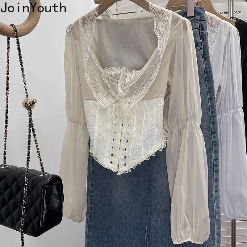 Crop Tops Blouses for Women Long Sleeve Patchwork Lace Slim Waist Bandage Shirts 2025 Camisas De Mujer Chiffon Summer Blouse