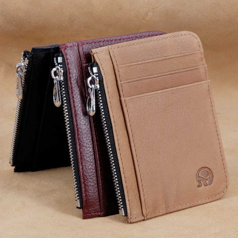 Small Mens Wallet Genuine Leather Holder With Zipper Coin Pocket Mini Purse For Women Drivers License ID Slot Z250621