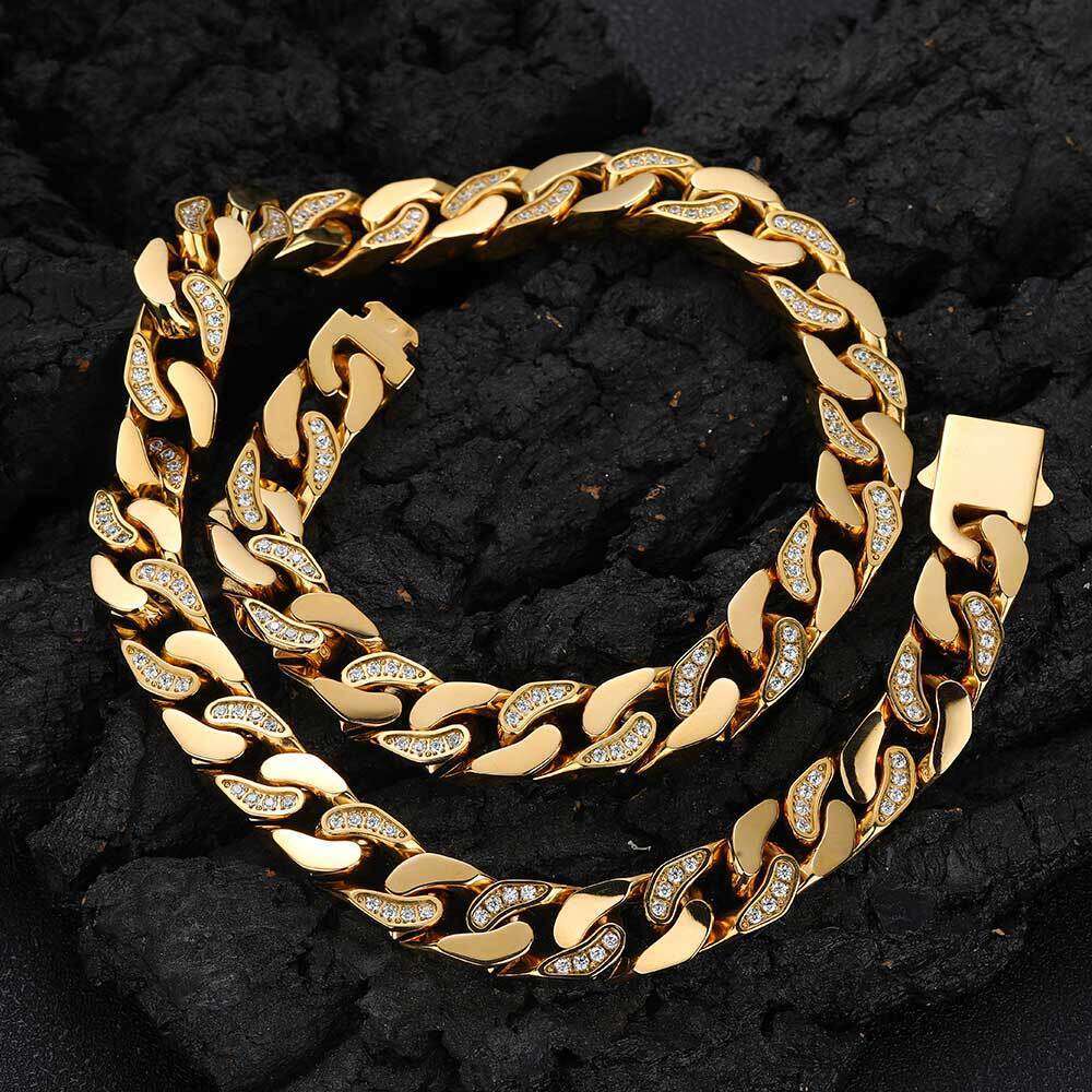 Hip Hop 12mm Stainless CNC Semi-Inlaid Dia Zirconia Four-Sided Polished Cuban Chain Titanium Steel Necklace 6c2c