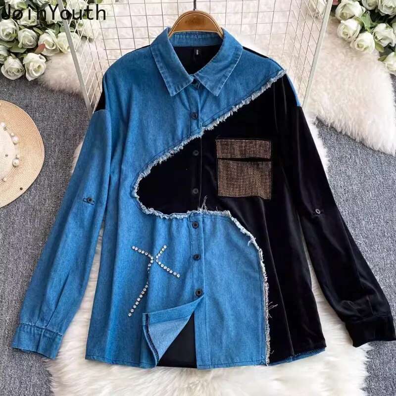 Chic Wome Two Piece Set Roupas Femme Y2k Clothes Patchwork Denim Long Sleeve Shirt High Waist Straight Wide Leg Pants Outfits
