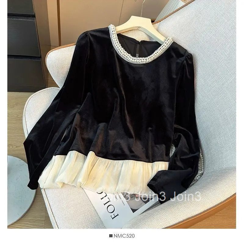 Heavy Beading O-neck Blouse Women Clothing Patchwork Velvet Shirts Crop Tops 2025 Camisas De Mujer Chic Irregular Black Blouses