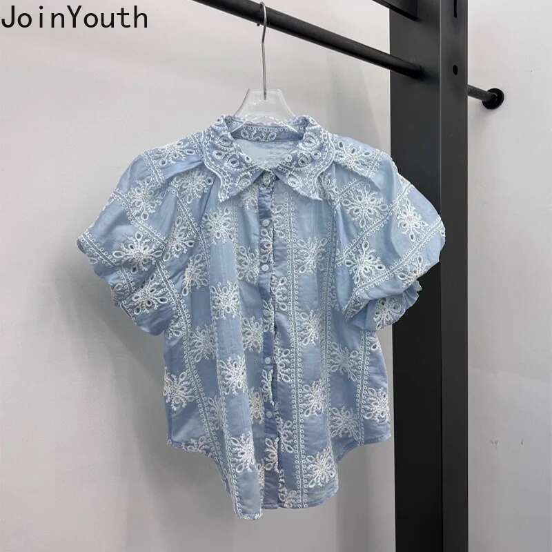 Summer Blouse 2025 Women Clothing Puff Sleeve Vintage Solid Color Shirts Camisas De Mujer Hollow Out Embroidery Blouses Tops