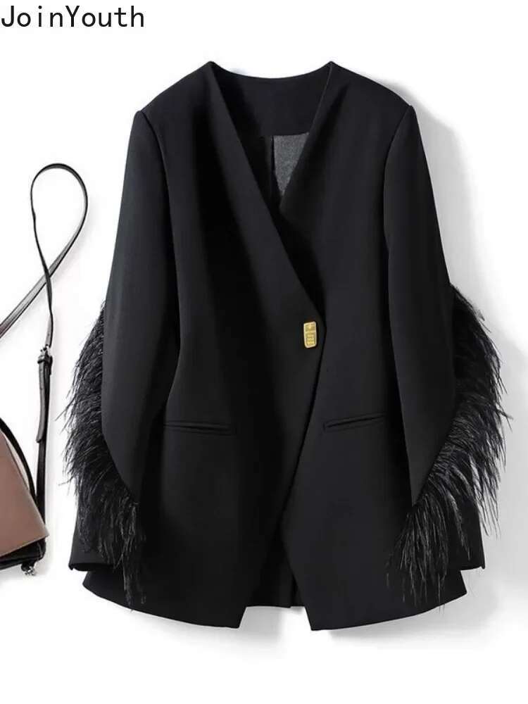 Temperament Lady Tops Streetwear Korean Oversized Jackets 2025 Ropa Mujer Fashion Outwear Patchwork Feather Casual Black Coats