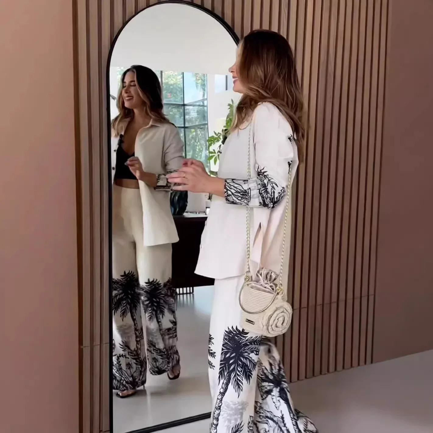 Muslim Two Piece Set Women Print Shirt Single Breasted Blouse Wide Leg Pants Suit Dubai Arabic Outfits Morocco Islam Ensemble 250617
