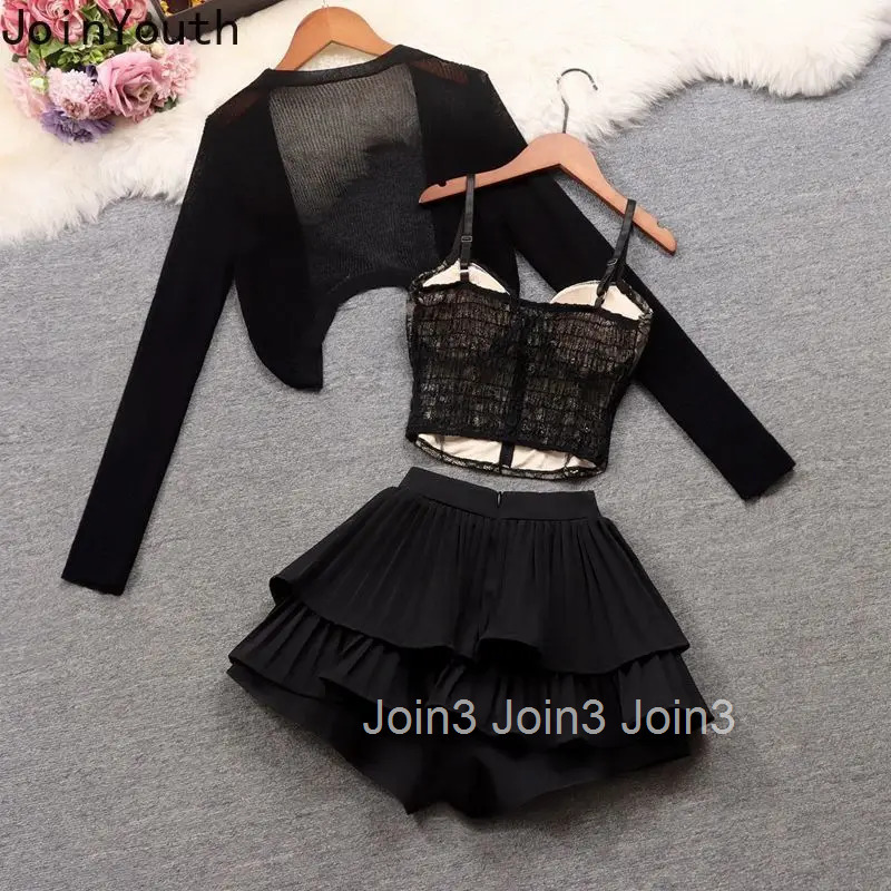 3 Piece Sets Womens Outfits Fashion Summer Skirt Suit Long Sleeve Crop Coat Lace Sexy Vest High Waist Pleated Mini Skirts Set