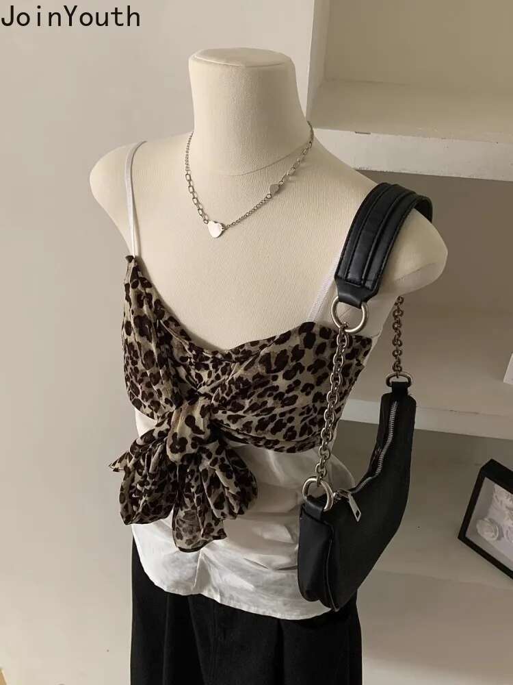 Contrast Color Leopard Print Tanks 2025 Womens Clothing Sexy Tunic Fashion Vest Crop Tops Bandage Bow Summer Tees Korean Camis