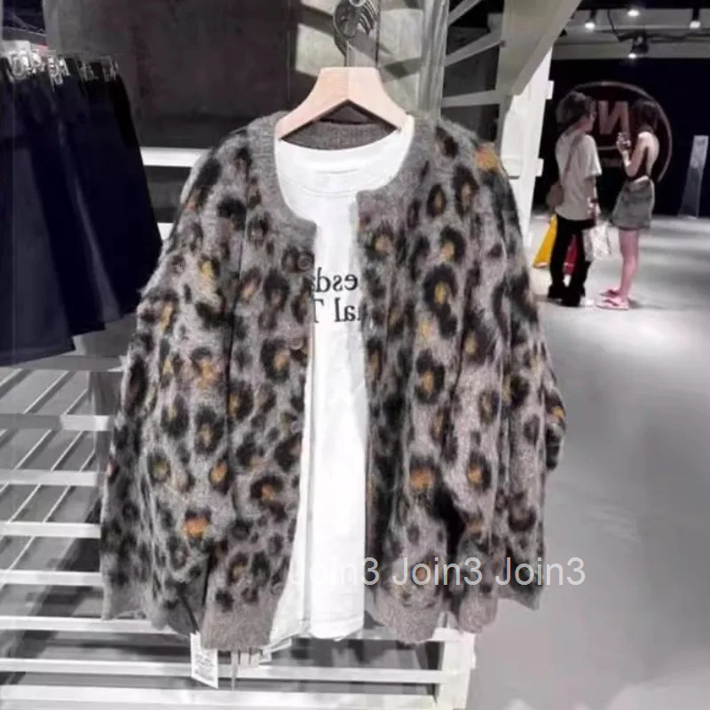 2025 Women Clothing Leopard Knitted Cardigan Women Sueter Mujer Korean Chic Pull Femme O-neck Casual Fashion Oversized Sweater