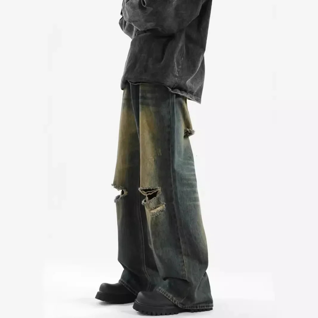 Vintage Hemp Stained Ripped Jeans Mens Summer Trendy Punk Cool Loose-fit Straight-leg Pants Sensibility Floor Pants 250617
