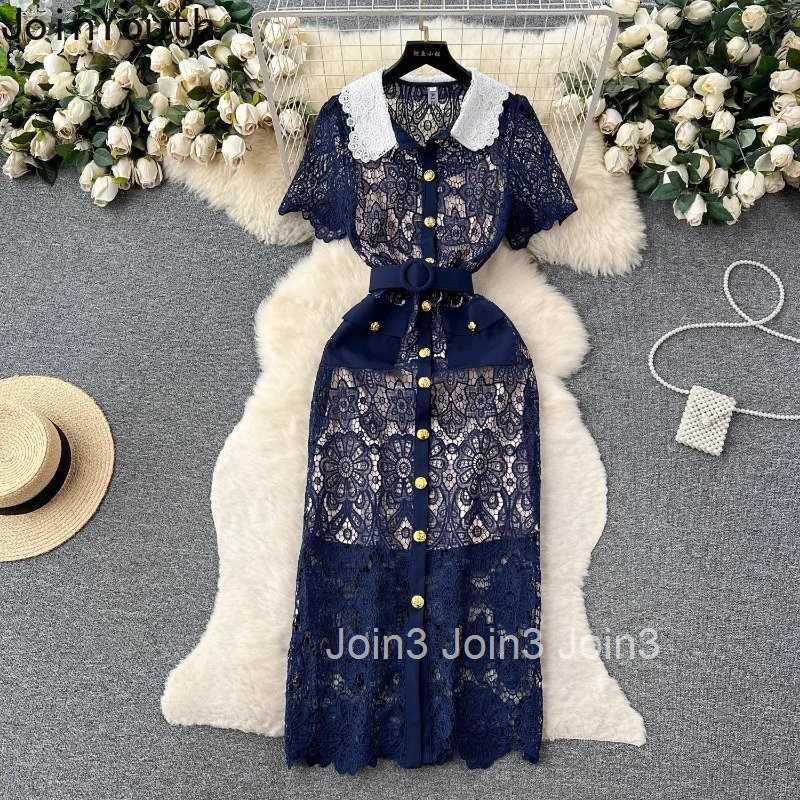 Vestidos De Mujer Summer Woman Dress Lace Tunic Single Breasted Short Sleeve Tunic Robe Femme Hollow Out Temperament Dresses