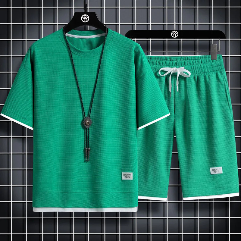2024 Summer Mens Waffle Sets Casual TShirt And Shorts Set Male Sports Suit Solid Color Tracksuit Loose Suits 250614