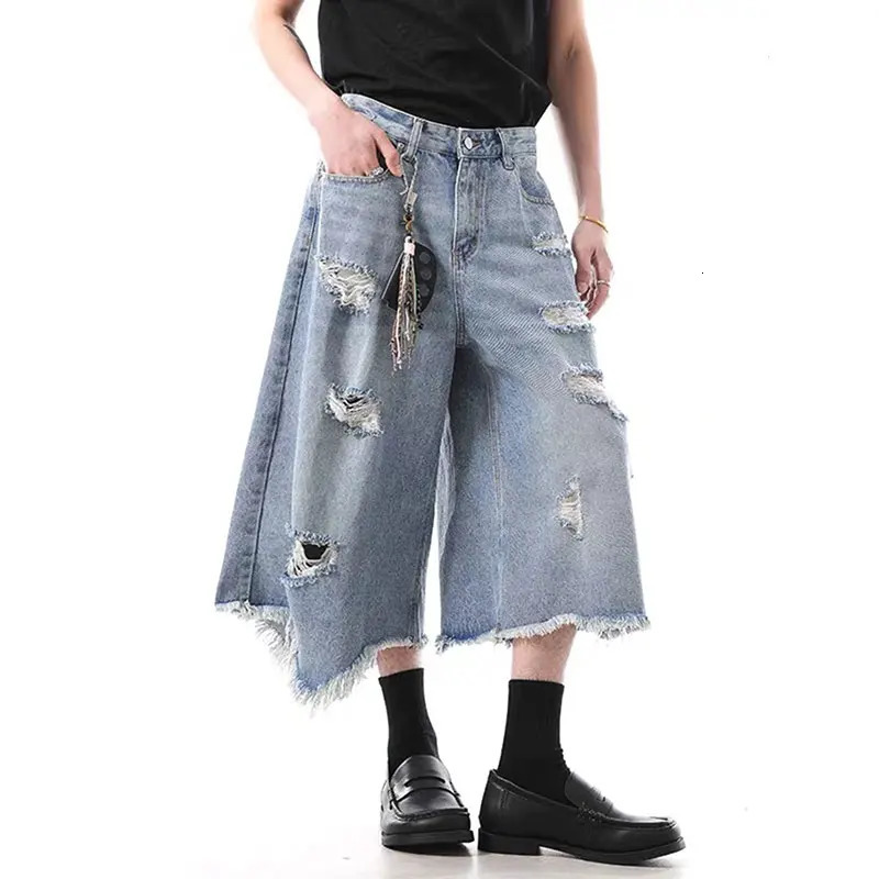 American Vintage Blue Ripped Short Jeans Mens Oversized Distressed Jorts Y2k Grunge Baggy Boyfriend Denim Shorts Wide Streetwea 250616