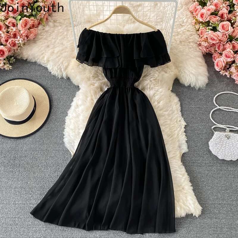 Summer Dress for Women High Waist Big Swing A-line Robe Femme Slash Neck Ruffles Chiffon Sexy Dresses 2025 Vestidos De Mujer