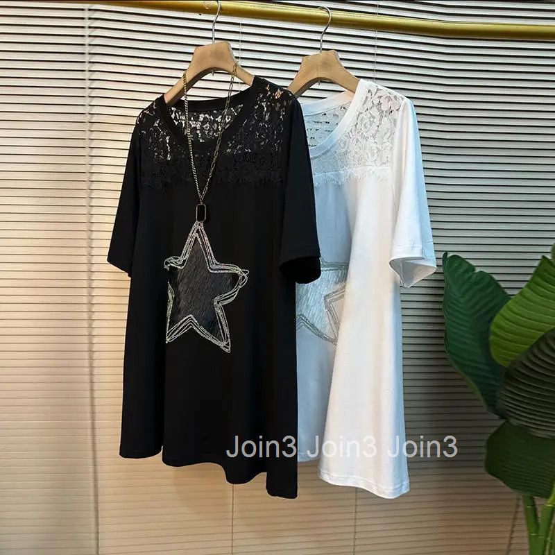 Oversized T Shirts Summer Womens Clothing Patchwork Lace Long Tops O-neck Short Sleeve Tees Print Casual Fashion Thin T-shirts