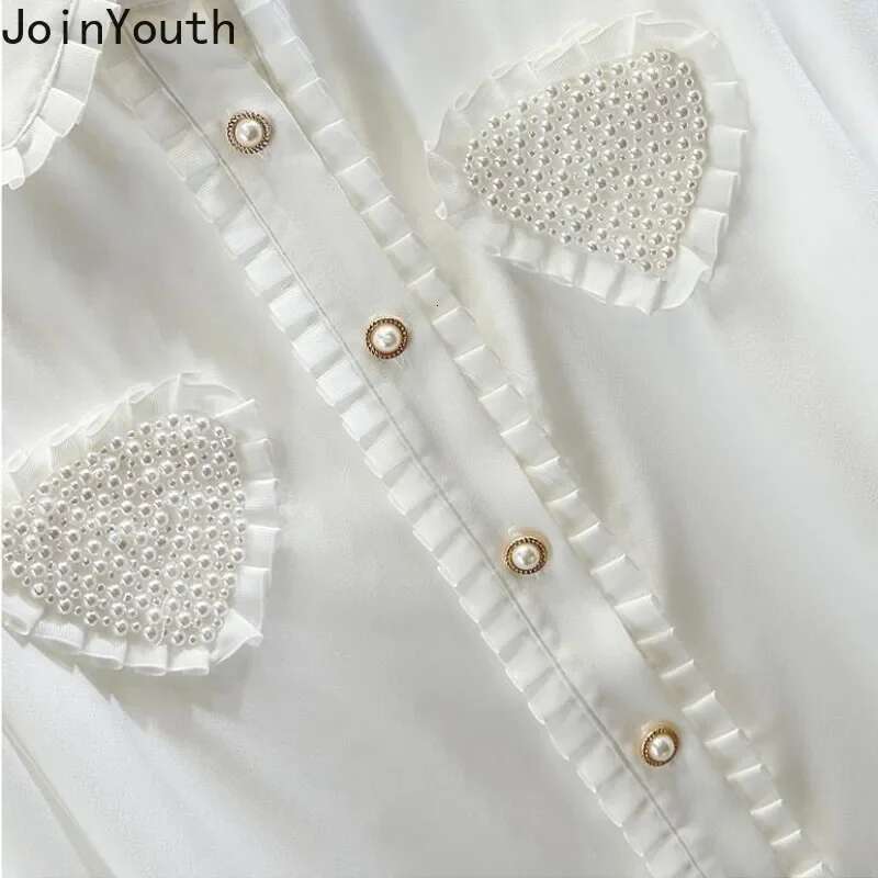 2025 Camisas De Mujer Peter Pan Collar Long Sleeve Blouse Women Clothes Beading Ruffles Shirts Vintage Loose Korean Blouses Tops