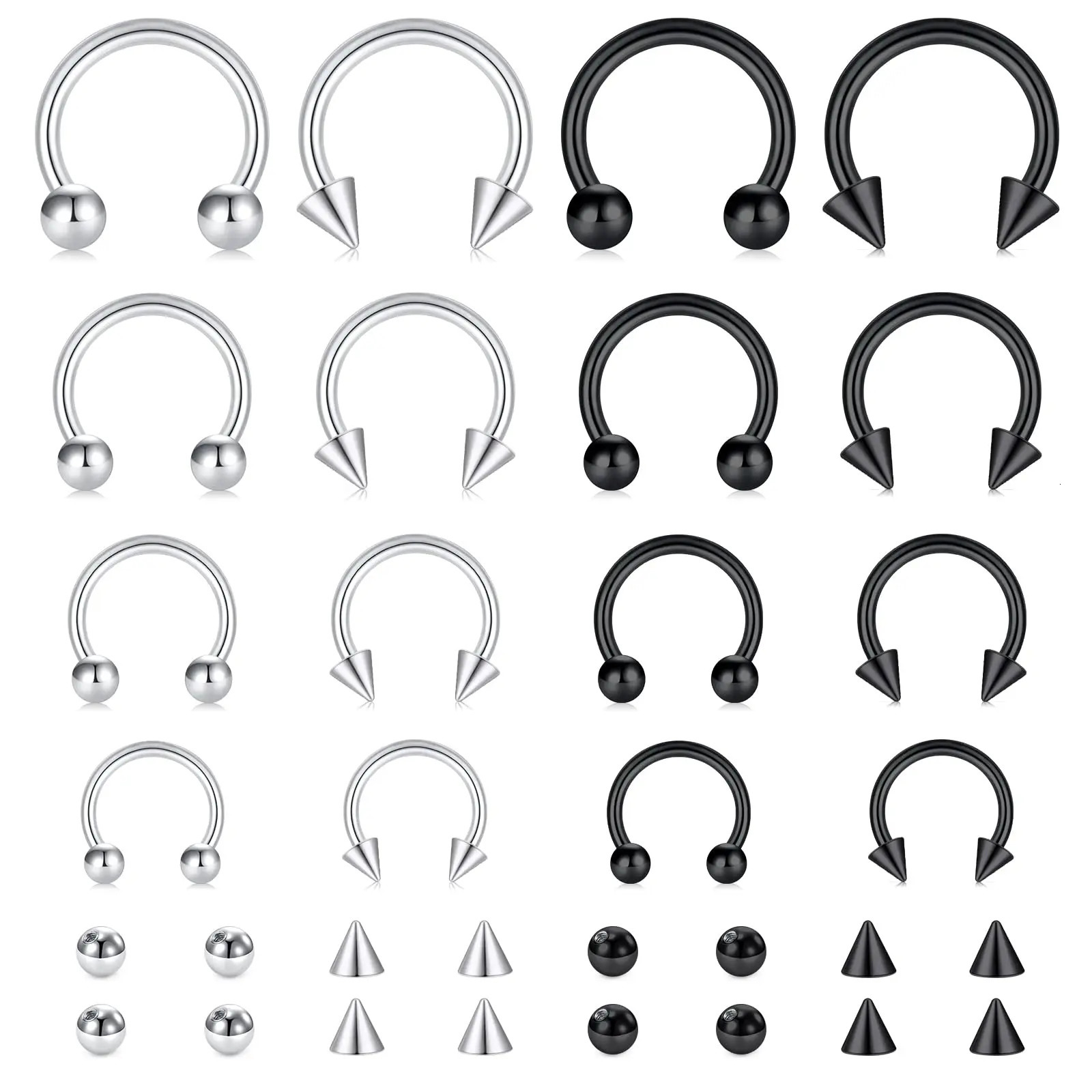 4Pcs32pcs 16G Septum Nose Rings Stainless Steel Hoop Horseshoe Piercing Jewelry Tragus Cartilage Earrings for Women Men 612mm 250613