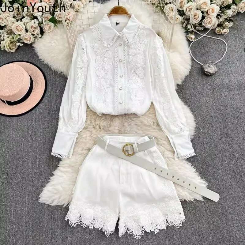 2025 Women Clothing 2 Piece Sets Long Sleeve Hollow Out Shirts High Waist Patchwork Lace Shorts Outfits Temperament Summer Suit