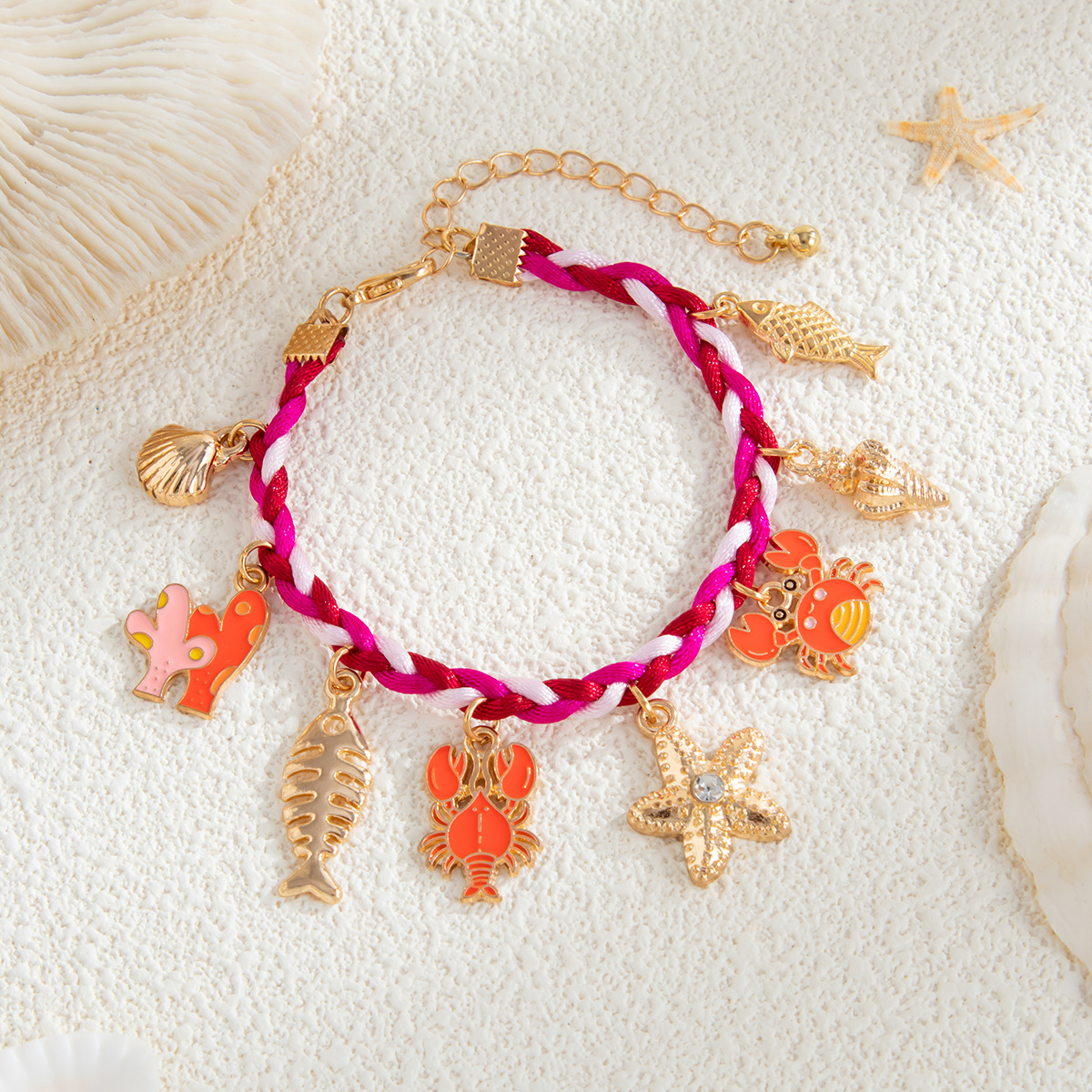 European and American Style Summer Seaside Starfish and Scallop Alloy Pendant Bracelet with Creative Color woven Tassels for Women