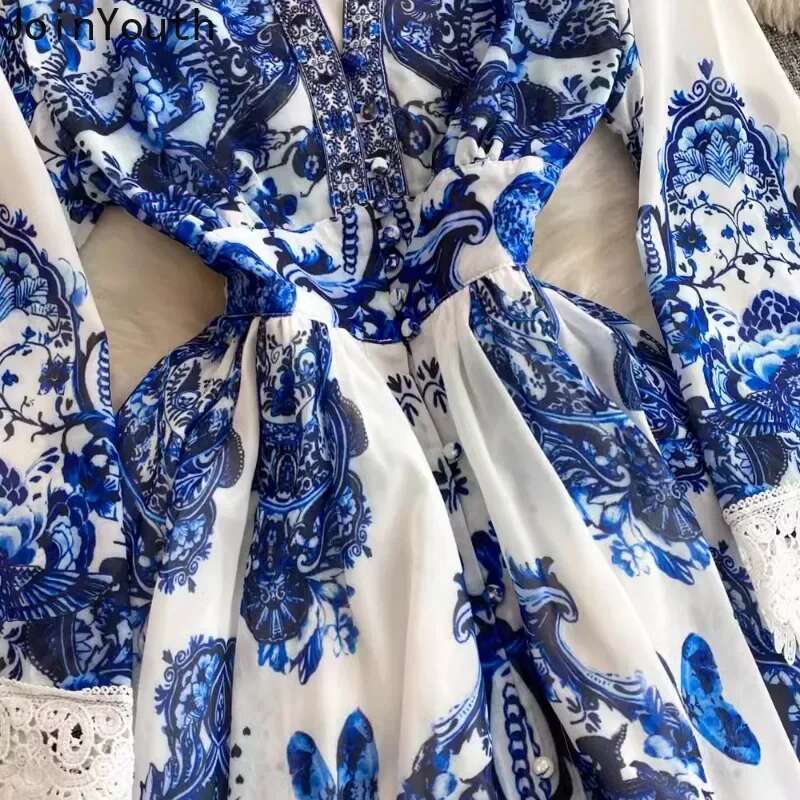 2025 Vestidos De Mujer Floral Dresses Women V-neck Slim Waist Lace Flare Sleeve Robe Femme Vintage Big Swing Elegant Maxi Dress