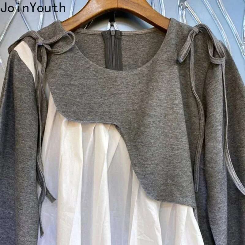 2025 Ropa Mujer T Shirts for Women Y2k Tops Contrast Color Tees Long Sleeve Bandage Tees Korean Camisetas Loose Zipper Tshirt