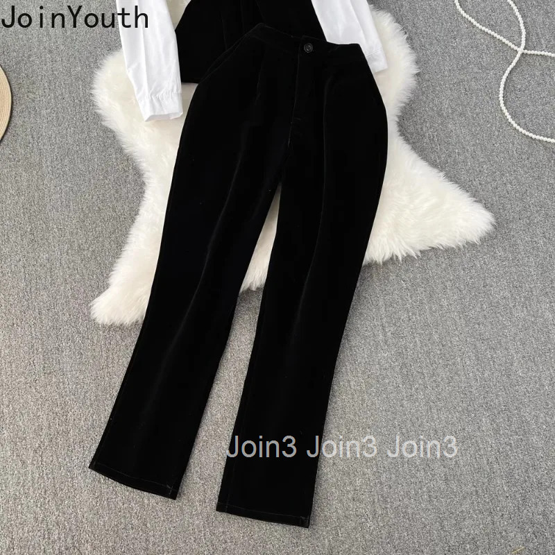 Temperament Outfits Fashion 2 Piece Sets Womens Outfits Patchwork Slim Waist Tops High Waist Tunic Pants Suit Korean Velvet Set