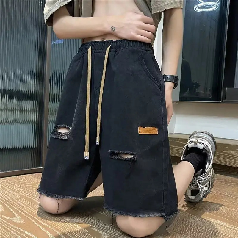 Ripped Denim Shorts Mens Breasted Five-point Sense High Street Beggar Medium Pants 250617