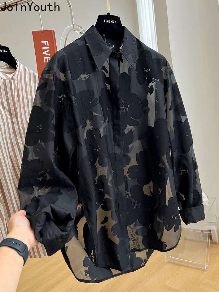 Floral Women Shirts Fashion Korean Summer Blouses Long Sleeve Casual See Throught Sexy Blouse Tops 2025 Blusas Mujer De Moda