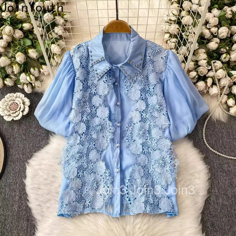 Vintage Womens Shirts 2025 Blusas Mujer De Moda Diamond Puff Sleeve Summer Tops Lace Hollow Out Loose Floral Blouses Female