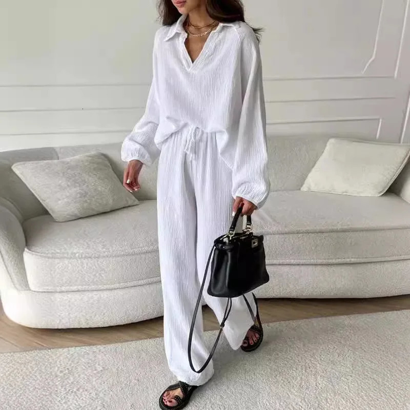 Loose Top Two Piece Set Women White Long Sleeve Tops Lace Up Wide Leg Pant Sets Female Turndown Collar Lady Suit Traf Women 250617