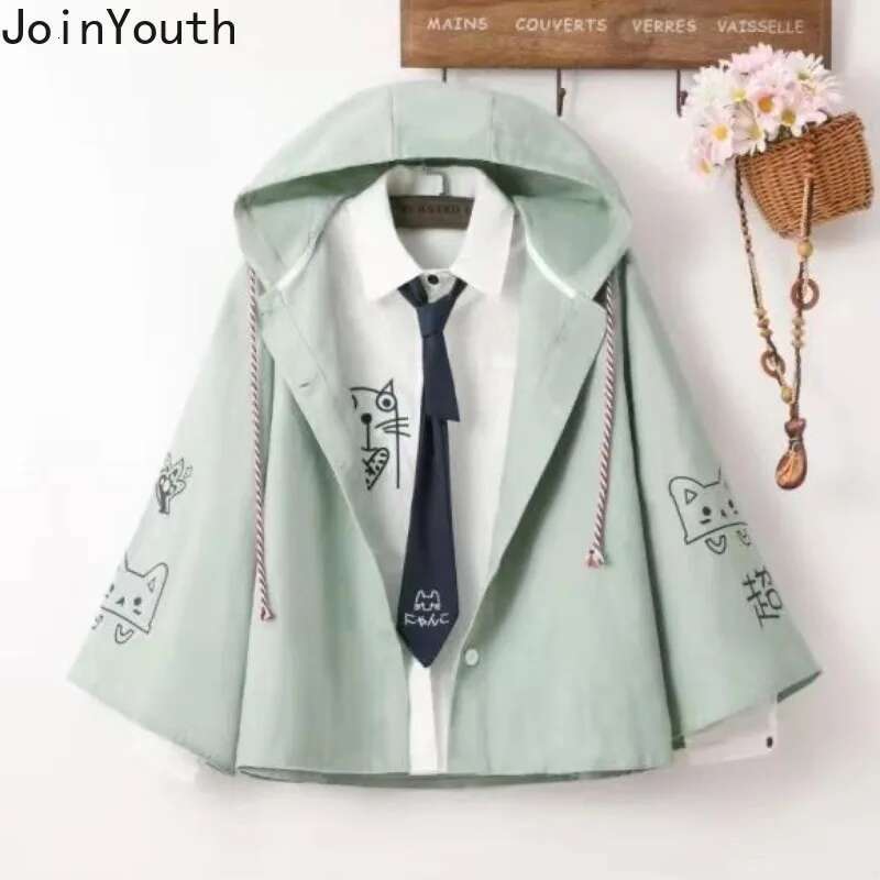 Streetwear Japanese Jackets for Women Cat Print Hooded Zipper Oversized Outwear Casual Fashion Cute Y2k Coats 2025 Ropa Mujer