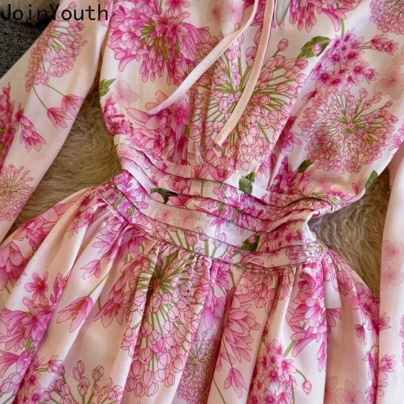 Elegant Women Dresses Slim Waist Long Sleeve O-neck Vintage Robe Femme 2025 Vestidos De Mujer A-line Big Swing Floral Maxi Dress