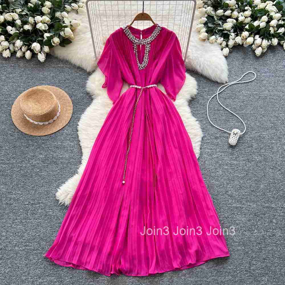 Elegant Robe Femme Women Temperament Maxi Dress 2025 Vestidos De Mujer Heavy Diamond Hollow Out Vintage Summer Pleated Dresses