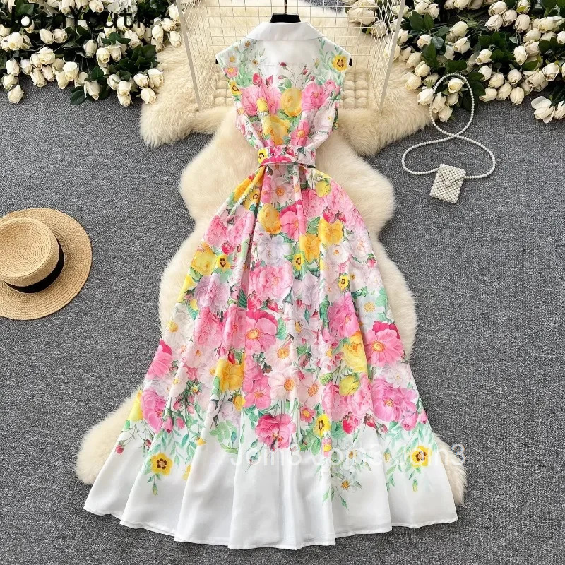 2025 Vestidos De Mujer Summer Dresses Women Clothing Sleeveless Slim Waist Floral Robe Femme Single Breasted Elegant Maxi Dress