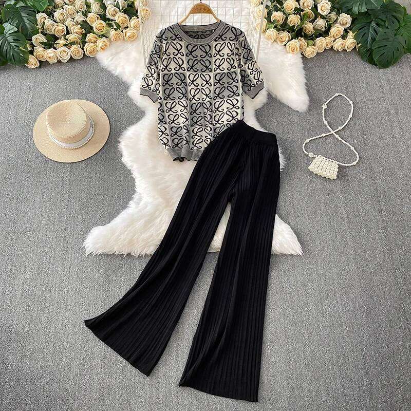 Designer Leisure High Quality Fashion casual suit women's summer new loose print round neck knitted T-shirt top+high waist slimming wide leg pant