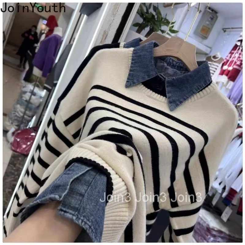 Japanese Patchwork Denim Jumper Fashion Pullovers Women Clothing Sueter Mujer Casual Striped Knitted Sweater Fake Two Y2k Tops