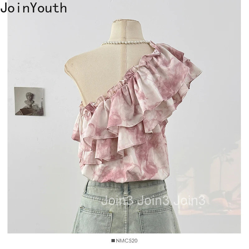 Tie-dye Ruffles Blouses Womens Clothing Off Shoulder Summer Shirts Skew Neck Crop Tops 2025 Blusas Mujer De Moda Folds Blouse